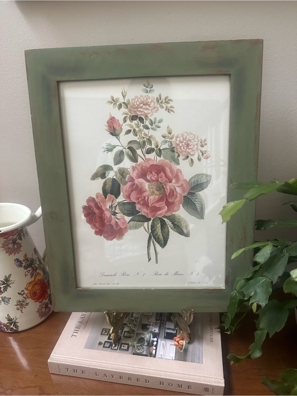 Vintage Set of 2 Framed Floral Rose Print in Sage Green Frame by John Edward’s